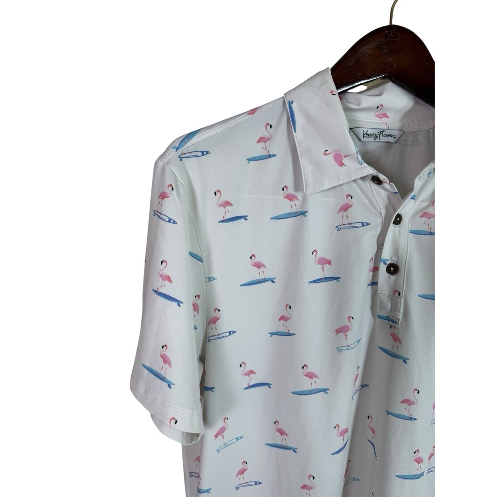 Kenny Flowers"Surfing Flamingos" Golf Shirt.‎ Size Medium Stretch Performance - Picture 4 of 6